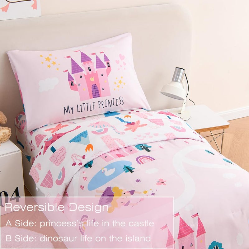 PERFEMET 4 Pieces Girls Toddler Bedding Set Pink Castle Fairy Tales Toddler Comforter Set Reversible Colorful Rainbow Princess Printed Toddler Bed Set with Sheets(Pink  Castle) - Image 3